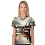 Village Reflections Snow Sky Dramatic Town House Cottages Pond Lake City V-Neck Sport Mesh T-Shirt