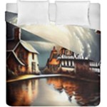 Village Reflections Snow Sky Dramatic Town House Cottages Pond Lake City Duvet Cover Double Side (King Size)