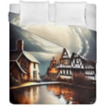 Village Reflections Snow Sky Dramatic Town House Cottages Pond Lake City Duvet Cover Double Side (California King Size)