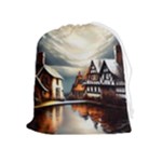 Village Reflections Snow Sky Dramatic Town House Cottages Pond Lake City Drawstring Pouch (XL)