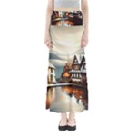 Village Reflections Snow Sky Dramatic Town House Cottages Pond Lake City Full Length Maxi Skirt