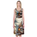 Village Reflections Snow Sky Dramatic Town House Cottages Pond Lake City Midi Sleeveless Dress