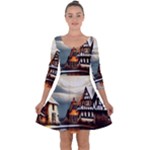 Village Reflections Snow Sky Dramatic Town House Cottages Pond Lake City Quarter Sleeve Skater Dress