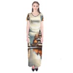 Village Reflections Snow Sky Dramatic Town House Cottages Pond Lake City Short Sleeve Maxi Dress