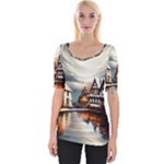 Village Reflections Snow Sky Dramatic Town House Cottages Pond Lake City Wide Neckline T-Shirt