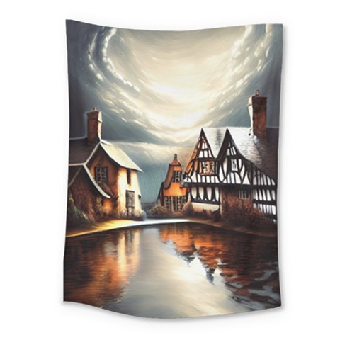 Village Reflections Snow Sky Dramatic Town House Cottages Pond Lake City Medium Tapestry from UrbanLoad.com
