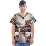Village Reflections Snow Sky Dramatic Town House Cottages Pond Lake City Men s V-Neck Scrub Top