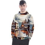 Village Reflections Snow Sky Dramatic Town House Cottages Pond Lake City Men s Pullover Hoodie