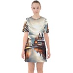 Village Reflections Snow Sky Dramatic Town House Cottages Pond Lake City Sixties Short Sleeve Mini Dress
