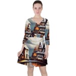 Village Reflections Snow Sky Dramatic Town House Cottages Pond Lake City Quarter Sleeve Ruffle Waist Dress