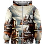Village Reflections Snow Sky Dramatic Town House Cottages Pond Lake City Kids  Zipper Hoodie Without Drawstring