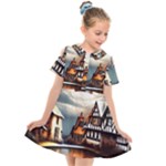 Village Reflections Snow Sky Dramatic Town House Cottages Pond Lake City Kids  Short Sleeve Shirt Dress