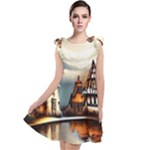 Village Reflections Snow Sky Dramatic Town House Cottages Pond Lake City Tie Up Tunic Dress