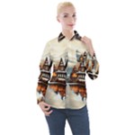 Village Reflections Snow Sky Dramatic Town House Cottages Pond Lake City Women s Long Sleeve Pocket Shirt