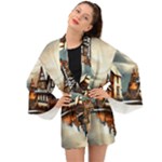 Village Reflections Snow Sky Dramatic Town House Cottages Pond Lake City Long Sleeve Kimono