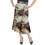 Village Reflections Snow Sky Dramatic Town House Cottages Pond Lake City Midi Mermaid Skirt