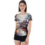 Village Reflections Snow Sky Dramatic Town House Cottages Pond Lake City Back Cut Out Sport T-Shirt