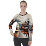Village Reflections Snow Sky Dramatic Town House Cottages Pond Lake City Women s Pique Long Sleeve T-Shirt