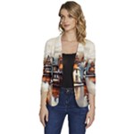 Village Reflections Snow Sky Dramatic Town House Cottages Pond Lake City Women s One-Button 3/4 Sleeve Short Jacket