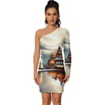 Village Reflections Snow Sky Dramatic Town House Cottages Pond Lake City Long Sleeve One Shoulder Mini Dress
