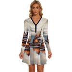 Village Reflections Snow Sky Dramatic Town House Cottages Pond Lake City Long Sleeve Deep V Mini Dress 