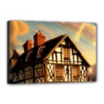 Village House Cottage Medieval Timber Tudor Split timber Frame Architecture Town Twilight Chimney Canvas 18  x 12  (Stretched)