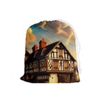 Village House Cottage Medieval Timber Tudor Split timber Frame Architecture Town Twilight Chimney Drawstring Pouch (Large)