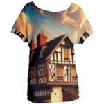 Village House Cottage Medieval Timber Tudor Split timber Frame Architecture Town Twilight Chimney Women s Oversized T-Shirt
