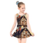 Village House Cottage Medieval Timber Tudor Split timber Frame Architecture Town Twilight Chimney Kids  Skater Dress Swimsuit