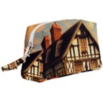 Village House Cottage Medieval Timber Tudor Split timber Frame Architecture Town Twilight Chimney Wristlet Pouch Bag (Large)