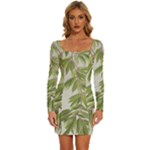 Watercolor Leaves Branch Nature Plant Growing Still Life Botanical Study Long Sleeve Square Neck Bodycon Velvet Dress