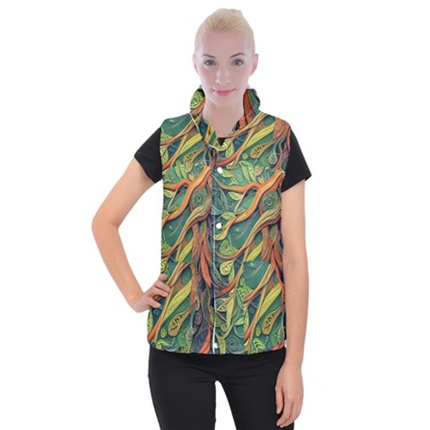 Outdoors Night Setting Scene Forest Woods Light Moonlight Nature Wilderness Leaves Branches Abstract Women s Button Up Vest from UrbanLoad.com