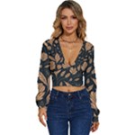 Background Pattern Leaves Texture Long Sleeve Deep-V Velour Top