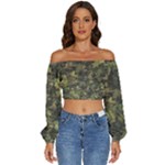 Green Camouflage Military Army Pattern Long Sleeve Crinkled Weave Crop Top