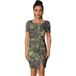 Green Camouflage Military Army Pattern Fitted Knot Split End Bodycon Dress