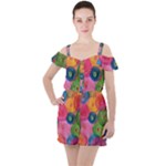Colorful Abstract Patterns Ruffle Cut Out Chiffon Playsuit