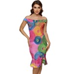 Colorful Abstract Patterns Off Shoulder Ruffle Split Hem Bodycon Dress