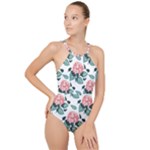 Flowers Hydrangeas High Neck One Piece Swimsuit