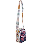 5902244 Pink Blue Illustrated Pattern Flowers Square Pillow Shoulder Strap Belt Bag