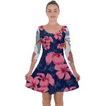 5902244 Pink Blue Illustrated Pattern Flowers Square Pillow Quarter Sleeve Skater Dress