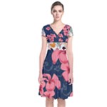 5902244 Pink Blue Illustrated Pattern Flowers Square Pillow Short Sleeve Front Wrap Dress