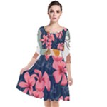 5902244 Pink Blue Illustrated Pattern Flowers Square Pillow Quarter Sleeve Waist Band Dress