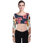 5902244 Pink Blue Illustrated Pattern Flowers Square Pillow Velvet Long Sleeve Crop Top