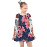 5902244 Pink Blue Illustrated Pattern Flowers Square Pillow Kids  Long Sleeve Dress