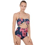 5902244 Pink Blue Illustrated Pattern Flowers Square Pillow Scallop Top Cut Out Swimsuit