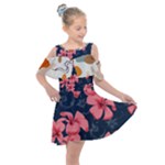 5902244 Pink Blue Illustrated Pattern Flowers Square Pillow Kids  Shoulder Cutout Chiffon Dress