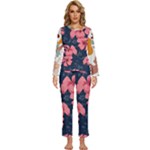 5902244 Pink Blue Illustrated Pattern Flowers Square Pillow Womens  Long Sleeve Lightweight Pajamas Set