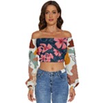 5902244 Pink Blue Illustrated Pattern Flowers Square Pillow Long Sleeve Crinkled Weave Crop Top