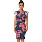 5902244 Pink Blue Illustrated Pattern Flowers Square Pillow Vintage Frill Sleeve V-Neck Bodycon Dress