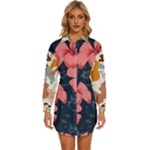 5902244 Pink Blue Illustrated Pattern Flowers Square Pillow Womens Long Sleeve Shirt Dress